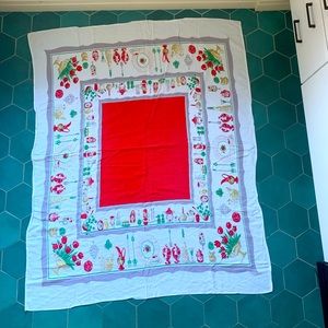 Beautiful vintage cotton tablecloth 50” x 41” red and white